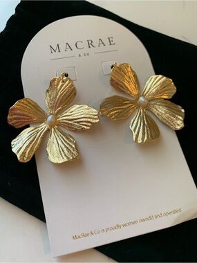 MacRae Gold Floral Drop Earrings with Pearl Center